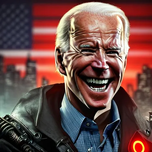 Prompt: Joe Biden with monstrous wide smile, sharp teeth, malevolent aura and bright red glowing eyes, cyberpunk style, scary, close up
