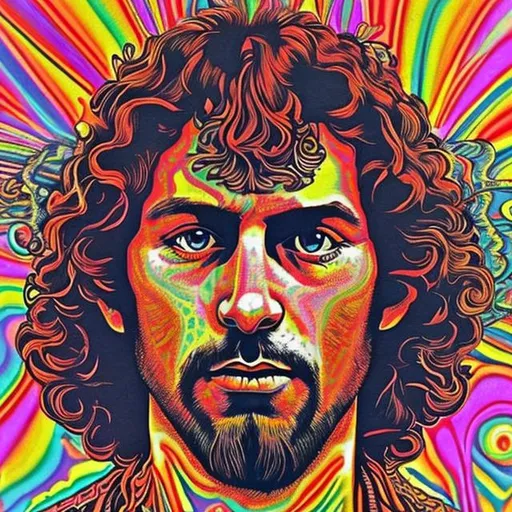 Prompt: Psychedelic art of a hippy in 60s