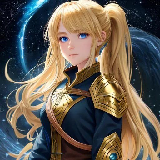 Prompt: "Full body, oil painting, fantasy, anime portrait of a young hobbit woman with flowing golden blonde hair in a ponytail and dark blue eyes | Elemental stars cleric wearing intricate green leather armor casting a healing spell, #3238, UHD, hd , 8k eyes, detailed face, big anime dreamy eyes, 8k eyes, intricate details, insanely detailed, masterpiece, cinematic lighting, 8k, complementary colors, golden ratio, octane render, volumetric lighting, unreal 5, artwork, concept art, cover, top model, light on hair colorful glamourous hyperdetailed medieval city background, intricate hyperdetailed breathtaking colorful glamorous scenic view landscape, ultra-fine details, hyper-focused, deep colors, dramatic lighting, ambient lighting god rays, flowers, garden | by sakimi chan, artgerm, wlop, pixiv, tumblr, instagram, deviantart