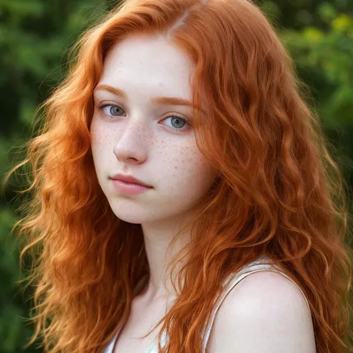 Prompt: Portrait of Ginger pale skin freckled young skinny woman, freckles, Norwegian, turned up small nose, long wavy ginger unwashed hair, thin lips, cute face, pure, ((shy)), sun from behind, sun on hair, 18 years old, thin

Ultra high definition, realistic picture, detailed, intricated, 4K, 8K, wallpaper, award winning