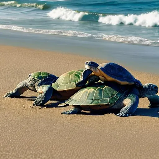 Prompt: Turtles hugging in the sand by the ocean