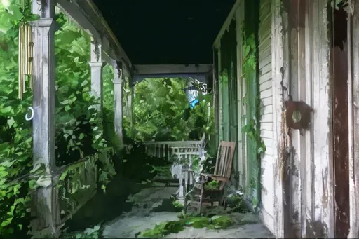 Prompt: highly detailed, porch of abandoned house with ivy climning up trees, windchime hanging from porch, art, concept art, 