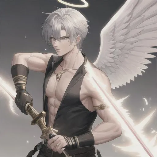 Prompt:  Tough looking male angel with wings and a halo (detailed face), wielding a holy sword, fighting
