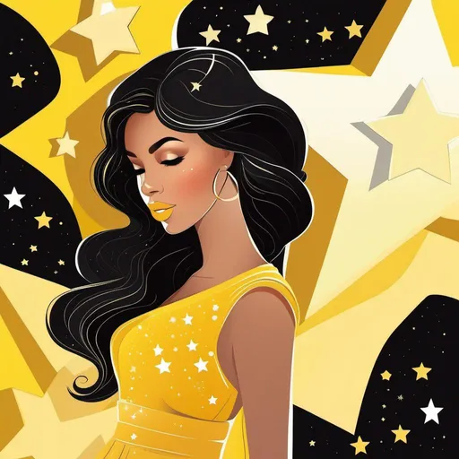 Prompt: cartoon, vector, toon, portrait, illustration, 1girl, woman, yellow dress, black space hair with stars, beautiful
