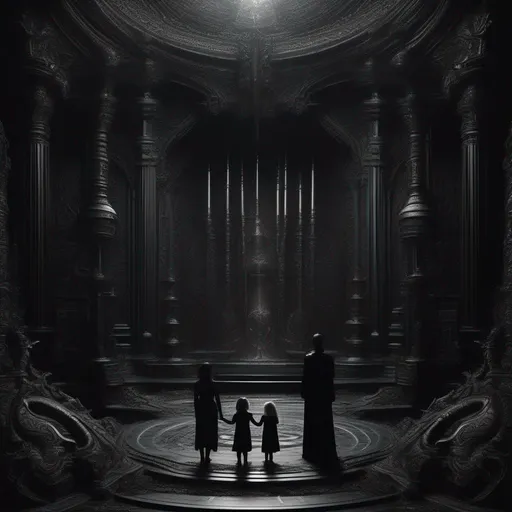 Prompt: ((In the style of H.R. Giger)), dark, eerie, surreal, atmospheric, haunting, intricate, detailed, shadowy, monochromatic, carefully composed, foreboding, macabre, twisted
A young family stands at the center of a nightmarish landscape, surrounded by an overwhelming horror vacui of intricate and dark elements. The environment is filled with Gigeresque structures, organic and mechanical, intertwined in a surreal and unsettling way. The shadows cast by these structures add to the foreboding atmosphere, while faint glimmers of distant light suggest a dimly lit abyss. The family appears both fascinated and terrified, their expressions mirroring the disturbing beauty of their surroundings.