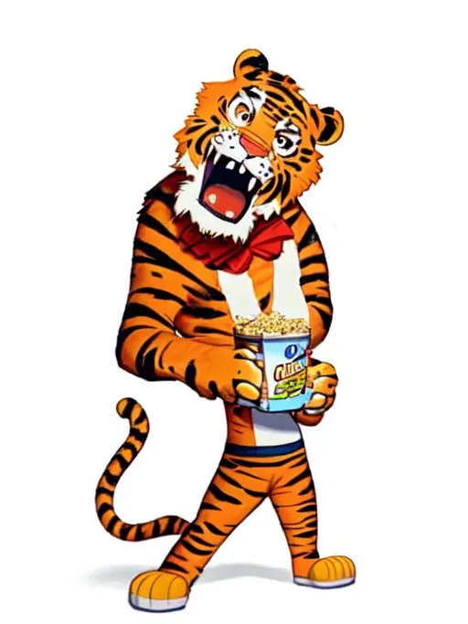 Prompt: A film still from a gritty 1970s Martin Scorcese movie about tony the tiger in a grocery store cereal aisle. Realism. 4k. 8mm. Grainy. Panavision.