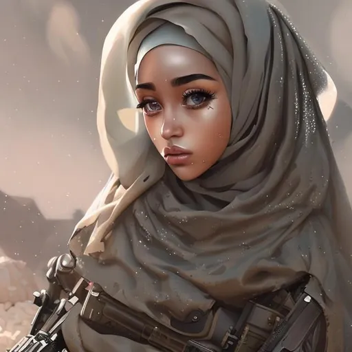 Prompt: doja cat, hijab, detailed face, beautiful face, special forces military, sniper, assasin, tan poncho, scifi, futuristic, desert