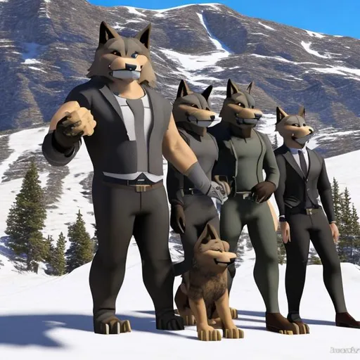 Prompt: Linnux the big buff anthro wolf is  wearing black business suit, and a group of wolfpacks are wearing business suit uniform are invaded at Snow mountain against Khampa the anthro mastiff dog, on "Rock dog style"