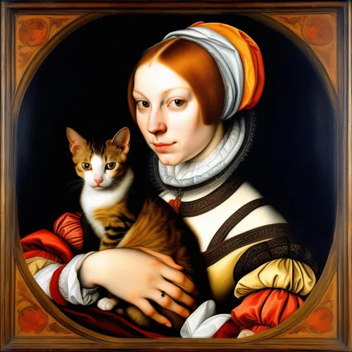 Prompt: Young beautiful lady with a cat on her lap, early 16th century, oil on canvas, in the style of Holbein, realistic, colorful, highly detailed