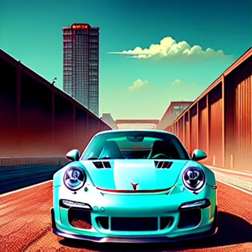 Prompt: Porsche 911 GT3 RS 2020, movie poster, rusty industrial setting, skyscrapers in the distance, turquoise sky, sepia tone, warm colors, japanese text with movie name, anime-style art, highly detailed, extremely detailed painting by Greg Rutkowski