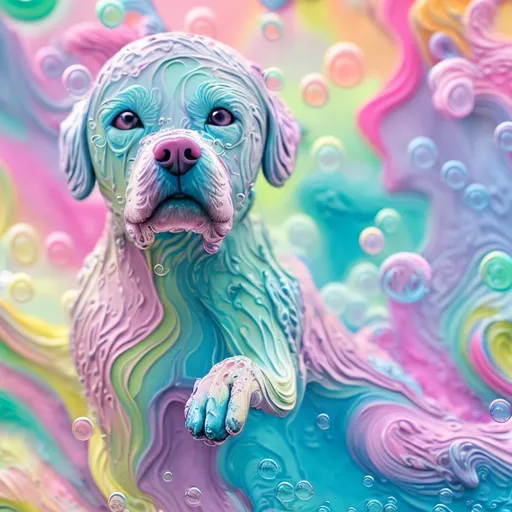 Prompt: Swirling pastel dog made of bubbles and droplets, vibrant and pastel colors, high quality, abstract, dynamic, bubble art, splashes of color, flowing shapes, detailed dog head, dynamic and vibrant, vibrant bubbles, vibrant droplets, modern, artistic, colorful, vibrant lighting, abstract art, Pastel