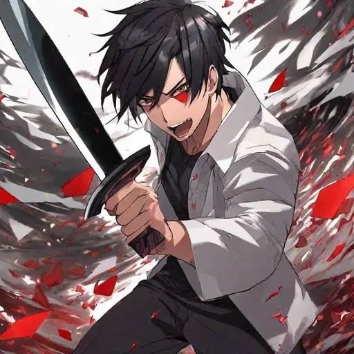 Prompt: Damien (male, short black hair, red eyes) going insane, holding a knife