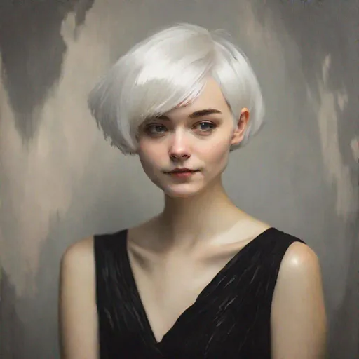 Prompt: Girl with short white hair looks slyly In a short black evening dress