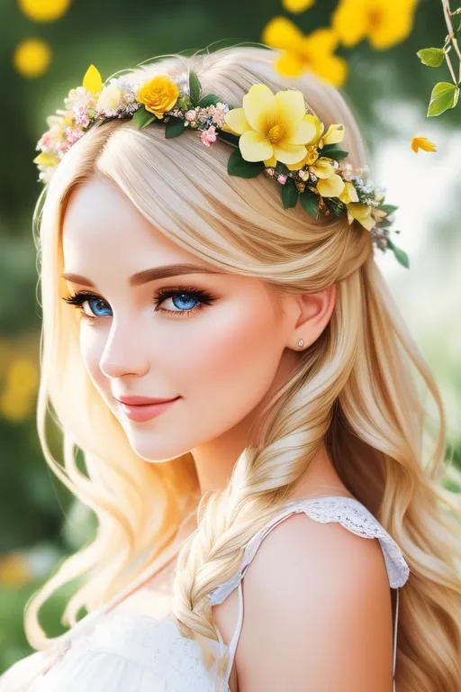 Prompt: cinematic portrait of gorgeous blonde lady(beautiful eyes, detailed face, smiling, seeing straight at camera) wearing flower crown,  clothes with laces, soft light on face, in garden filled with flowers and butterflies, hair tied using ribbon, eye contact, realistic, high contrast, 8k image
