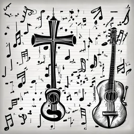 Prompt: Sketch of Musical notes in front of a cross accompanied with musical instruments
