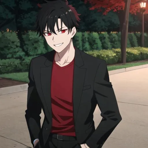 Prompt: Damien (male, short black hair, red eyes) in the park at night, grinning sadistically, casual outfit