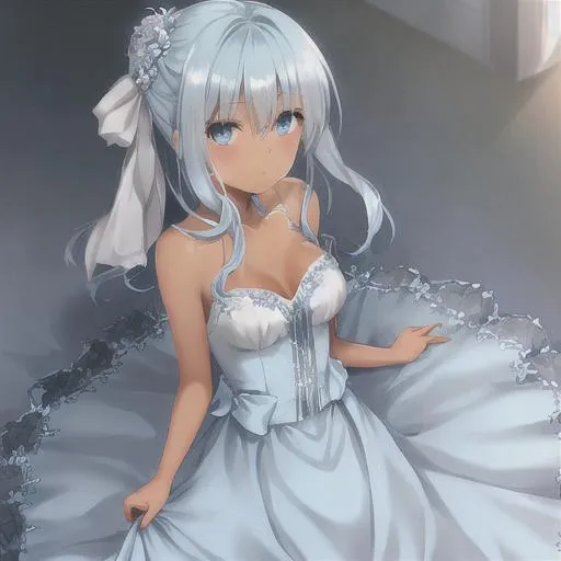 Prompt: beautiful,soft blue hair,elegant dress, blue and grey eyes,tan skin,curtsy