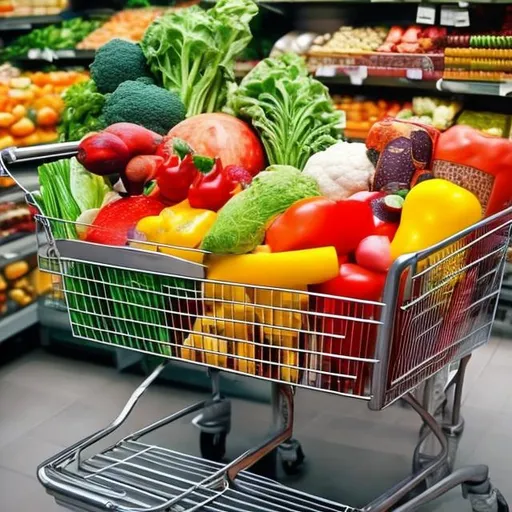 Prompt: Grocery Cart contain foods for cooking, fruit and vegetables 
