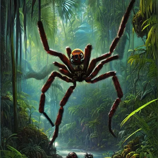 Prompt: Landscape painting, lush and dark jungle, a palm-sized colorful spider, dull colors, danger, fantasy art, by Hiro Isono, by Luigi Spano, by John Stephens