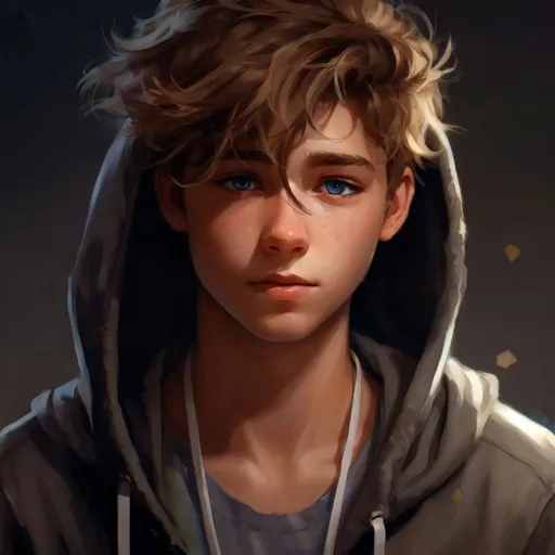 Prompt: 15 year old boy with messy blondebrown hair torn white tanktop, blue eyes, concept art, artstation, character design, bandaid, plasters