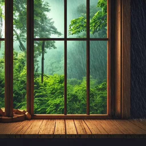 Prompt: rain, forest, window, wooden