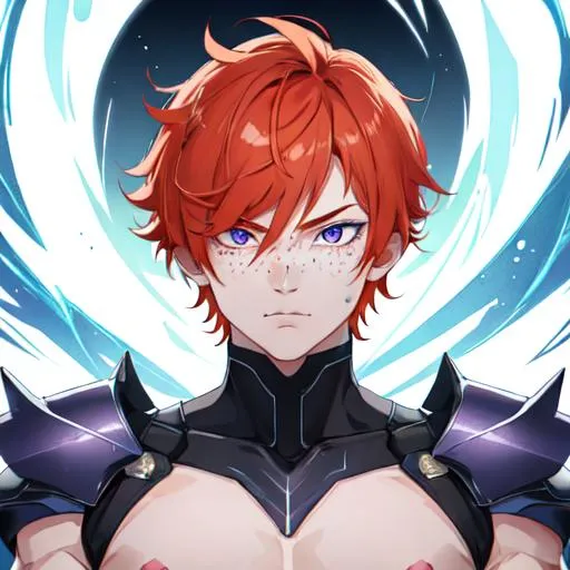 Prompt: Erikku male (short ginger hair, freckles, right eye blue left eye purple) muscular, UHD, 8K, Highly detailed, insane detail, best quality, high quality.  holding dollar bills