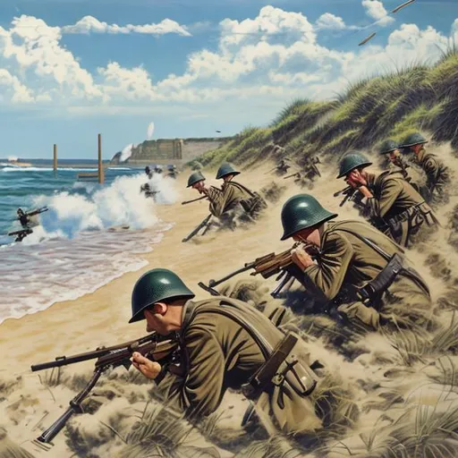 Prompt: Machineguns firing over a beach 1944 in acrylic