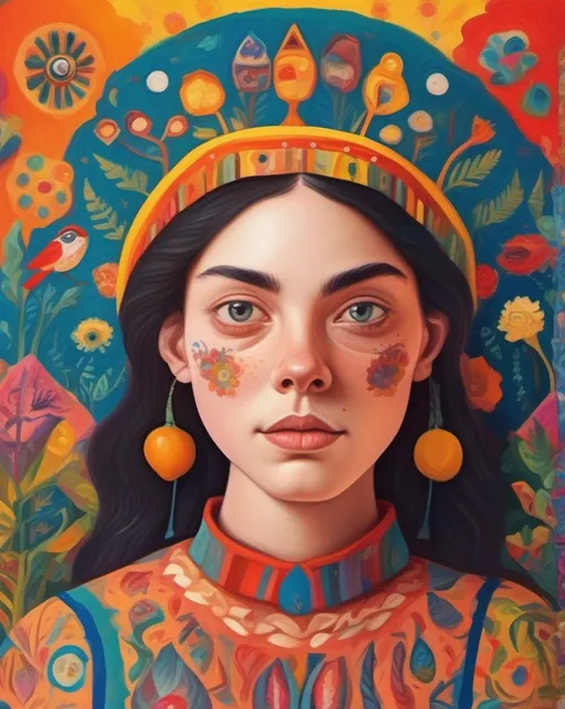 Prompt: A naive art-inspired self-portrait featuring surreal elements and vibrant colors, adorned with traditional folklore motifs. Use natural lighting for an authentic feel.