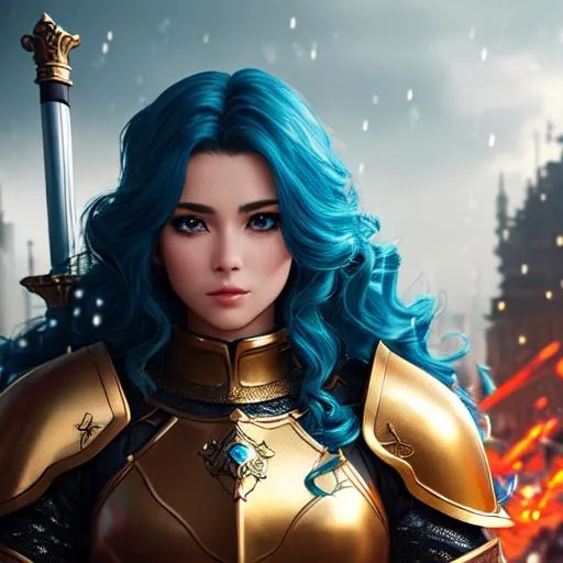 Prompt: 4K, 16K, high quality, extremely detailed, highly realistic, picture quality, cyan long hair (curly - wavy ) (female) gold eyes, red eyeliner, knight armor (gold - white), steel sword, dystopian city, war-zone, fantasy, flames, crows, raining, knight/general (female)
