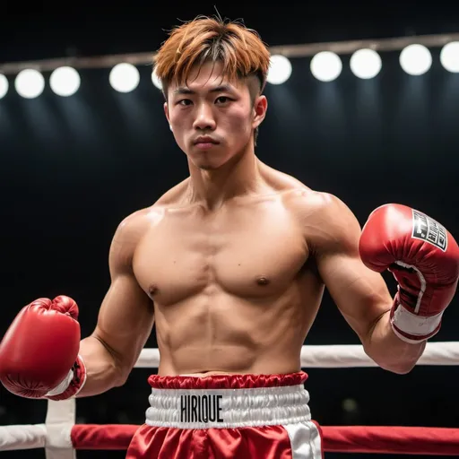 Prompt: "Imagine a Japanese boxer named Hiroto, resembling Naoya Inoue, with a very muscular physique and determined gaze. He is wearing a pair of thick, red and extra big boxing gloves in a boxing ring. His choice of attire includes red satin trunks, adding a touch of elegance to his powerful presence. He is confident and raised up his strong arms to flex his miscles, showcasing his readiness to dominate the ring with his skills and determination."