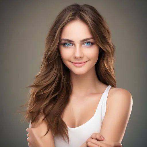 Prompt: (realistic photo, professional photo) hot beautiful female model with brown hair, blue eyes, and a great body