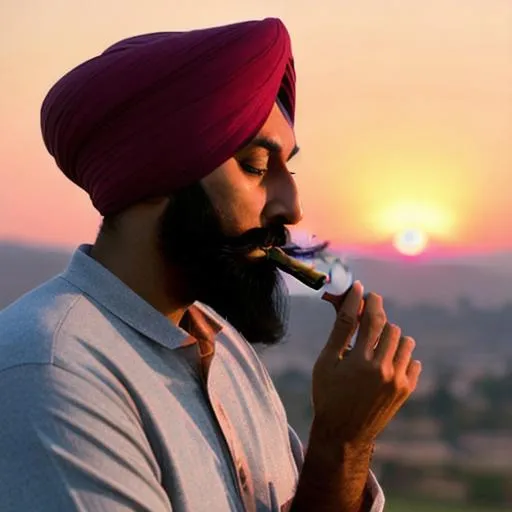 Prompt: Sikh man smoking joint in the sunset, hd, hyperrealism