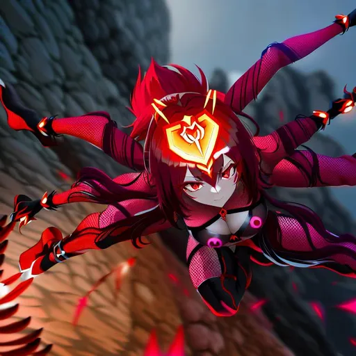 Prompt: Arakna is a hybrid spider-woman with six arms, each one ending in sharp claws. Her hair is a mix of blood-red and dark orange, with a neon glow that seems to pulse in tune with her accelerated heart. Her eyes are an intense red, seeming to shine with their own light in contrast to the darkness of the cave.

She is descending upside down along the wall, using her extra arms to support and move with impressive agility. Arakna is in full attack mode, preparing to strike her victim. Her gaze is piercing and voracious, full of deadly intent.

Her body is covered in a fine layer of hair that resembles spider legs, giving her an even more sinister appearance. The six arms are muscular and well-defined, showing the strength and skill that Arakna possesses.

The cave in which she is located is scary and dark, with irregular and damp walls. However, the scene is illuminated by the intense glow of Arakna's hair and eyes, creating a dramatic contrast that highlights her presence even more.

Arakna's victim is somewhere in the scene, and it's up to you as an artist to decide whether to include them or leave them to the viewer's imagination. Your challenge is to capture all the intensity and danger of this moment, from Arakna's defined muscles to the dark and damp texture of the cave walls.