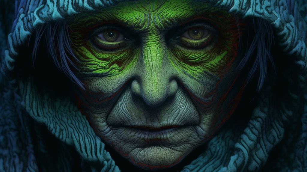 Prompt: game maker game old woman, in the style of psychedelic portraits, dark silver and light green, sgrafitto, fujifilm provia 400x, john pitre, embroidery