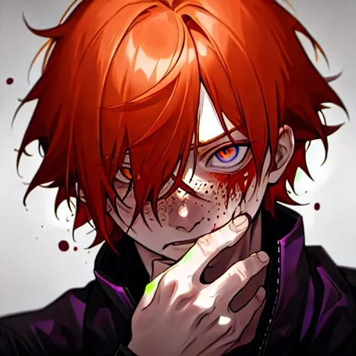 Prompt: Erikku male adult (short ginger hair, freckles, right eye blue left eye purple) UHD, 8K, Highly detailed, insane detail, best quality, high quality, covered in blood, covering his face with his hand, threatening 