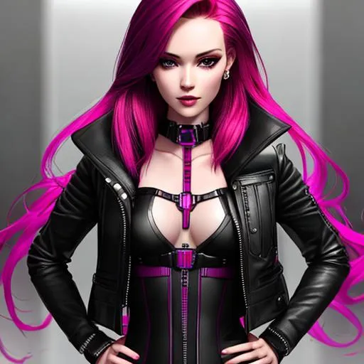 Prompt: american girl with straight magenta hair. slender body with pale skin and moderate chest

wearing a leather collar

solo, full body, Highly Detailed face, Highly Detailed chest, futuristic
