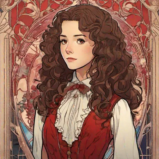 Prompt: Nyssa from Doctor Who with curly brown hair, young lady, in a red velvet dress, by Hayao Miyazaki, art nouveau style.