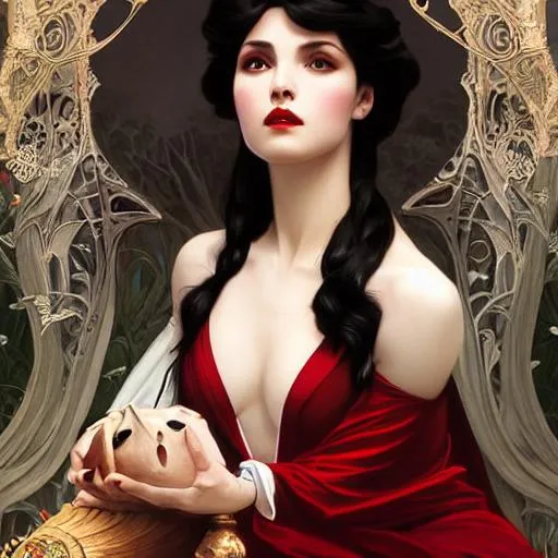 Prompt: Snow White as a vampire queen, intricate, elegant, highly detailed, digital painting, artstation, concept art, smooth, sharp focus, illustration, art by artgerm and greg rutkowski and alphonse mucha and william bouguereau