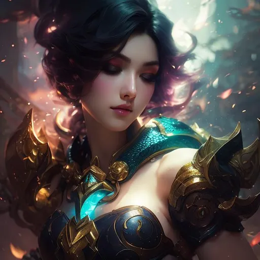 Prompt: upper torso portrait of league of legend's Cassiopeia, soft lighting, perfect composition, cinematic, video game trailer, dramatic, detailed painting, 8k, octane render, by makoto shinkai, stanley artgerm lau, wlop, rossdraws, concept art, digital painting, looking into camera,