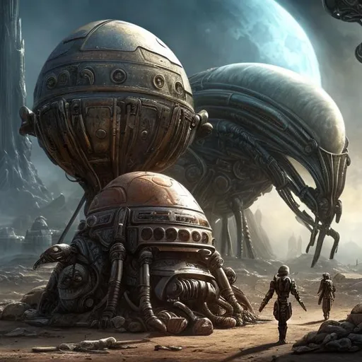 Prompt: fantasy art style, dystopian, mechanical war machine, alien eggs, eggs, egg, clutch of eggs, ant eggs, aliens, outer space