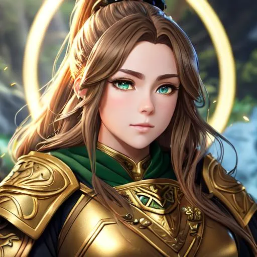 Prompt: "Full body, oil painting, fantasy, anime portrait of a gold dwarf woman with wavy light brown hair in a ponytail and dark green eyes | Earth cleric wearing intricate green cleric robes and scale mail armor casting a rock spell, #3238, UHD, hd , 8k eyes, detailed face, big anime dreamy eyes, 8k eyes, intricate details, insanely detailed, masterpiece, cinematic lighting, 8k, complementary colors, golden ratio, octane render, volumetric lighting, unreal 5, artwork, concept art, cover, top model, light on hair colorful glamourous hyperdetailed medieval city background, intricate hyperdetailed breathtaking colorful glamorous scenic view landscape, ultra-fine details, hyper-focused, deep colors, dramatic lighting, ambient lighting god rays, flowers, garden | by sakimi chan, artgerm, wlop, pixiv, tumblr, instagram, deviantart