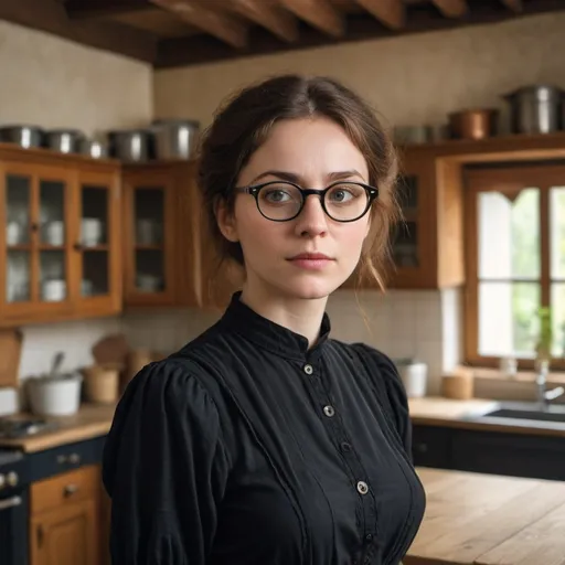 Prompt: a woman wearing glasses and a black top is standing in a room with a blurry background of a kitchen, Adrienn Henczné Deák, pre-raphaelitism, studio photo, a character portrait