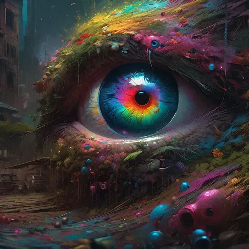 Prompt: "Intricate, insanely detailed and hyperdetailed painting of a colorful eye :: By Ismail Inceoglu, Huang Guangjian and Dan Witz, CGSociety, ZBrush Central :: fantasy art album cover art :: 4K 64 megapixels 8K resolution HDR"
