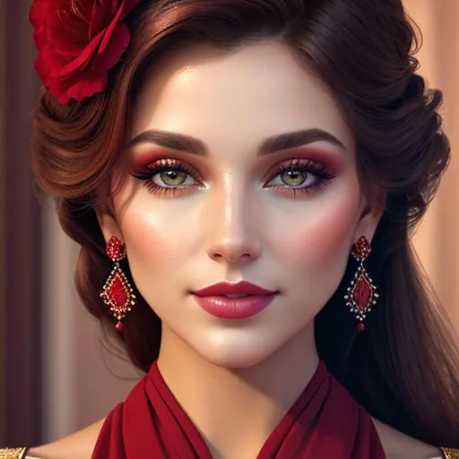 Prompt: Beautiful ethereal woman. color scheme of tuquoise and red. facial closeup