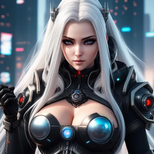 Prompt: female cleavage, cyberpunk, intricate detail, Detailed face, asymmetrical eyes, cleavage, photo realistic, hyperrealism, artstation, HD, 4K, dynamic lighting, long white hair, Cyberpunk art, futuristic skyline, a flying feminine in a steampunk and dark fantasy theme, ((sexy tan woman)) who has ((energetic gray eyes)), ((succubus queen with gray hair)) with ((horns and black crown)), ((black angel wings)), serious facial expression