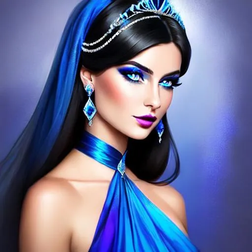 Prompt: a Sapphire lady, feminine elegant princess ,  dark hair, large blue eyes, wearing jewls in her hair,  beautiful makeup, blue eyeshadow, dark pink lipstick, facial closeup