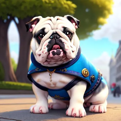 Prompt: Highly realistic of Bulldog dog,cute,wearing cool stuff,pretty eyes,Adorable,happy,playing,masterpiece,epic,soft lighting,fancy,highly detailed,Sharp focus,on the street,full of tree,riches,blue sky,cloudy,ultra-fine detailed,aesthetic,ilustration,artstation