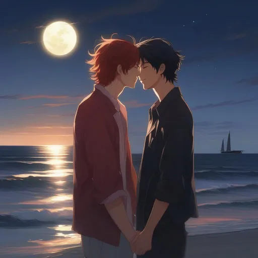 Prompt: Frizzy red-haired man, and black-haired man, kissing in the moonlight, by the sea, man with long hair, makoto shinkai art