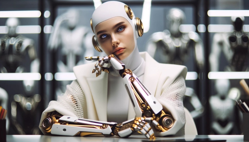 Prompt: a female cyber human is sitting at her desk, in the style of white and gold, stylish costume design, intense close-ups, robotic motifs, rollerwave, realistic hyper-detail, topcor 58mm f/1.4 in wide ratio