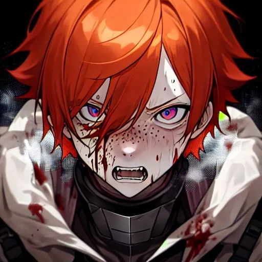 Prompt: Erikku male adult (short ginger hair, freckles, right eye blue left eye purple) UHD, 8K, Highly detailed, insane detail, best quality, high quality, covered in blood, covering his face, wide eyes, insane, fear, threatening 